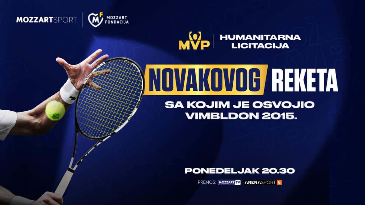 Aukcija Novakovog reketa na ceremoniji MVP by Mozzart Sport! Fondacija Mozzart POKLANJA reket na humanitarnoj aukciji koju organizuje povodom dodele MVP