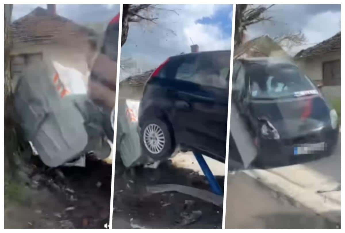 KAKO MU JE OVO POŠLO ZA RUKOM? Nesvakidašnja nezgoda na Ubu! “Popeo” auto prvo na kontejner pa onda i na drvo (VIDEO)