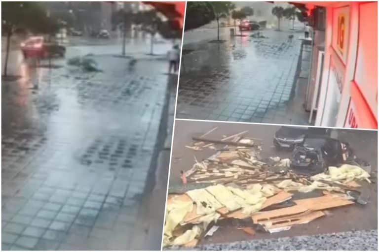 (DRAMATIČAN SNIMAK) POGLEDAJTE TRENUTAK OBRUŠAVANJA DELOVA ZGRADE TOKOM OLUJE! Samo pukom srećom izbegnuta tragedija! Krov se rasuo i SMRSKAO AUTOMOBIL